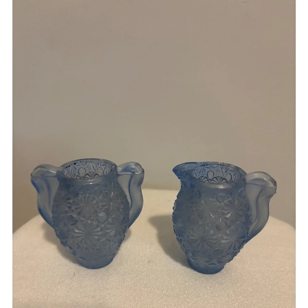 Vintage Blue Frosted Satin Glass Miniature Cream and Sugar Set Starburst Daisy